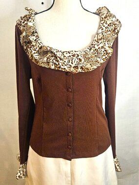 Chocolate Brown Pullover Top, Leopard Print Ruffled Neckline, Matching Cuffs